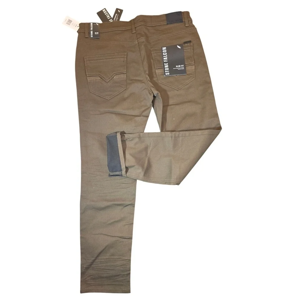 Stone Falcon Slim‎ Fit Pants Mens 36/30 Brown New Stretch Cotton Blend Trousers